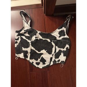 Lone Star Cow Print Denim Corset Crop Top Womens M Y2K Festival Smocked Back